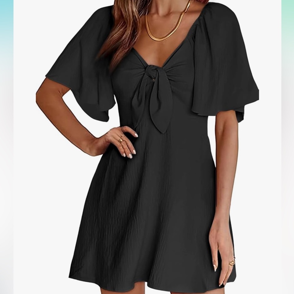 Black Tie-Front Flutter Sleeve Dress